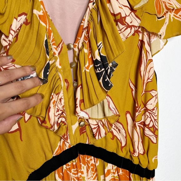 Johanna Ortiz Whiskey Sour Golden Blossom Velvet Trim Pleated Maxi Dress - Picture 8 of 15